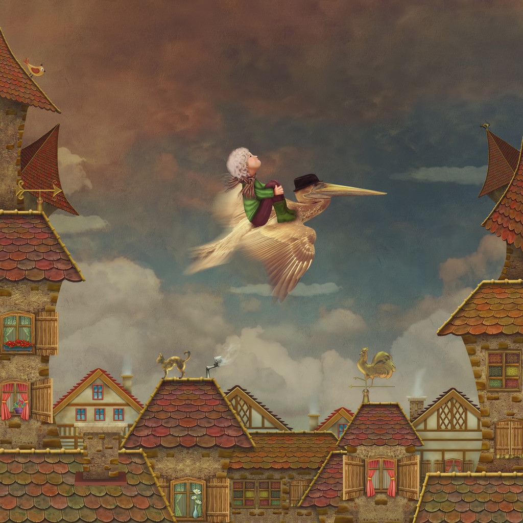 小男孩和褐鹈鹕在天空中 小男孩和褐鹈鹕在天空中