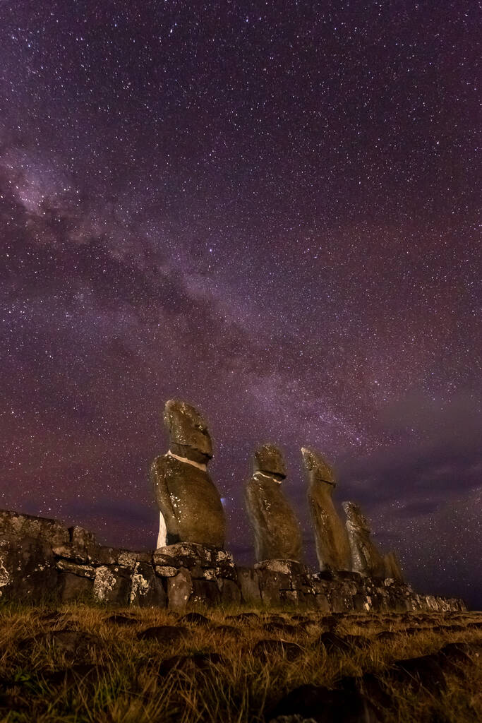 Moais in Ahu Vai Uri, Tahai Archaeological Complex, Rapa Nui National Park, Easter Island in the night.智利 Moais in Ahu Vai Uri, Tahai Archaeological Complex, Rapa Nui National Park, Easter Island in the night.智利