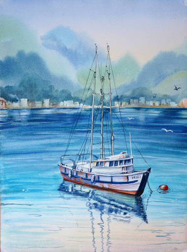 水上游艇的水彩畫及其反光.圖片