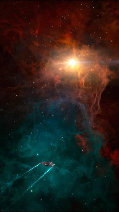 空間垂直背景。宇宙飛船在五彩斑斕的星云中飛行.美國宇航局提供的元素。3D渲染