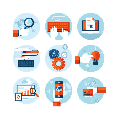 一套现代平面设计图标的 web 设计开发、 网页编程、 网站的 seo 优化、 智能手机应用程序开发、 网站分析、 网上银行和购物应用程序主题