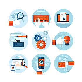 一套现代平面设计图标的 web 设计开发、 网页编程、 网站的 seo 优化、 智能手机应用程序开发、 网站分析、 网上银行和购物应用程序主题