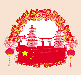 农历新年卡片-传统灯笼及亚洲建筑物