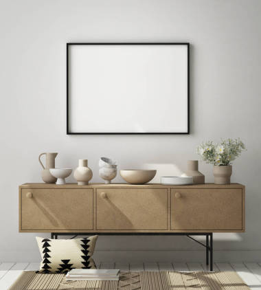 模擬海報框架在現(xiàn)代室內背景, 客廳, 斯堪的納維亞風格, 3d 渲染, 3d 插圖