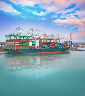 日落时港口国际集装箱船的后勤和运输、货运、航运、航运概念