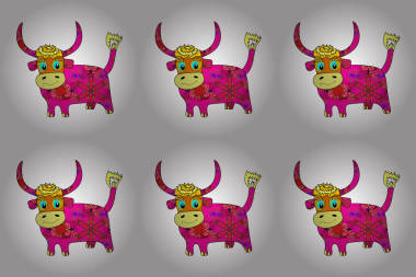 拉斯特用白色、洋红色和黑色说明。长着大角的可爱公牛。可用于贺卡、婚宴请柬、标志、面料印刷