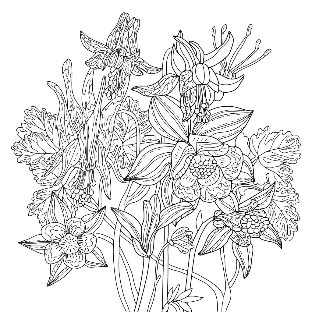 用椰子花为植物图解着色。彩色页面。花纹。单色线条绘图