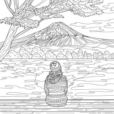 带山水的彩绘图画，树下坐着的姑娘，头戴帽子 