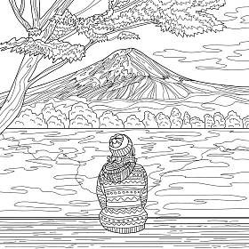带山水的彩绘图画，树下坐着的姑娘，头戴帽子 