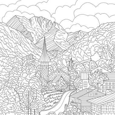 山景與村屋的彩繪圖解照片