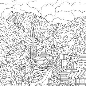 山景与村屋的彩绘图解照片