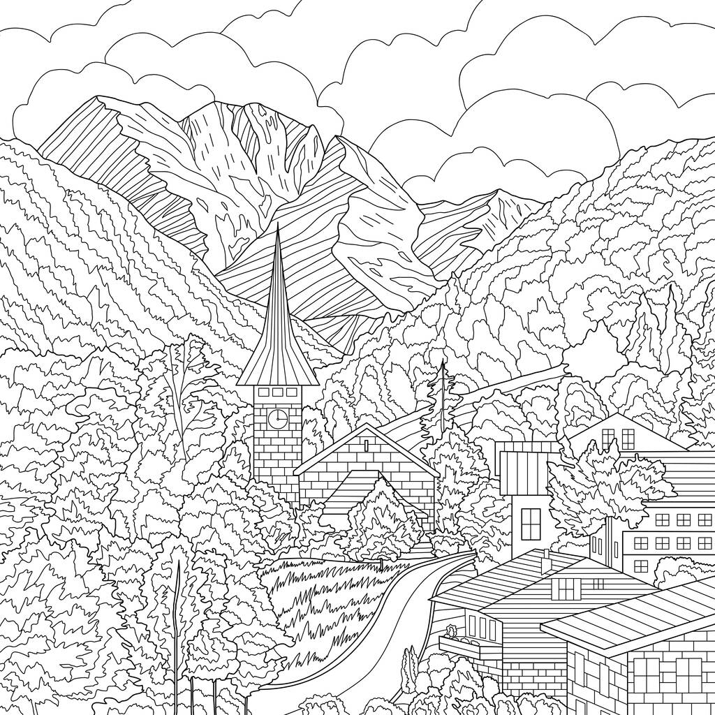 山景与村屋的彩绘图解照片