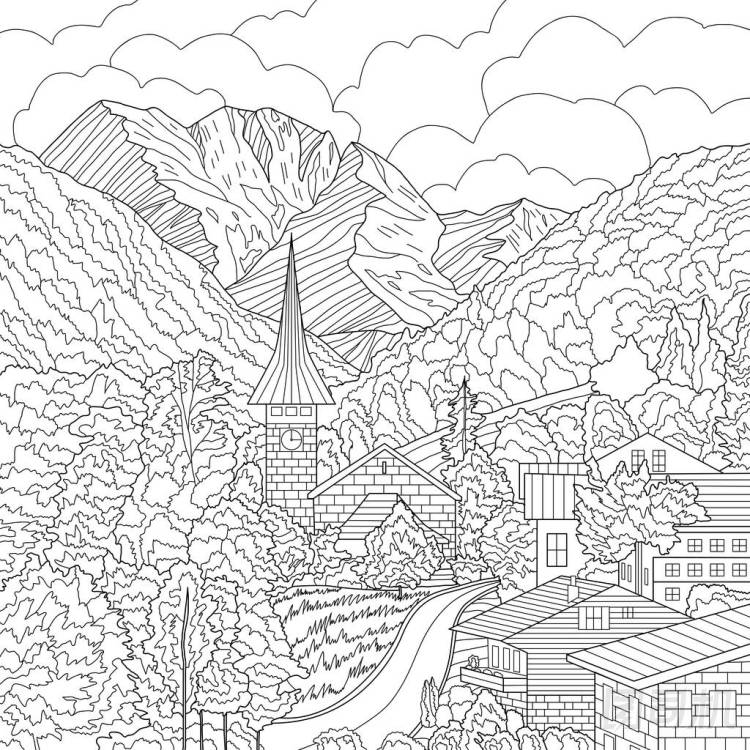 山景與村屋的彩繪圖解照片