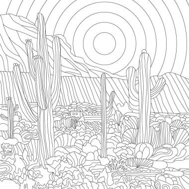 草甸仙人掌,山水,阳光的彩绘图景 