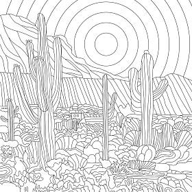 草甸仙人掌,山水,阳光的彩绘图景 