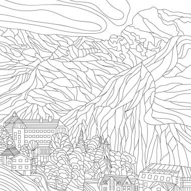 山景與村屋的彩繪圖解圖片