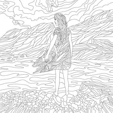 带山水的彩绘图画和站立的女孩 