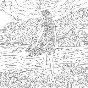 带山水的彩绘图画和站立的女孩 