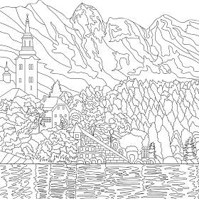 山景与村屋的彩绘图解