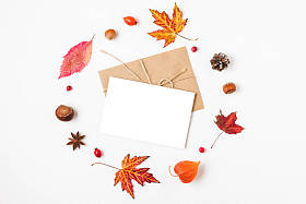 秋天的作文。用秋天的叶子、花、坚果、浆果在白色背景上制成的空白花环贺卡。平面布局，带有复制空间的顶部视图