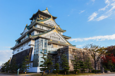 大阪城堡與秋天樹葉在日本