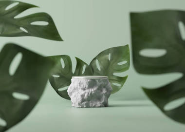 3D灰色石質(zhì)基座，顯示海象棕櫚葉。白色巖石講臺(tái)上的化妝品在淡綠色叢林異國情調(diào)的背景.自然美抽象的熱帶葉子.3D渲染說明模型 
