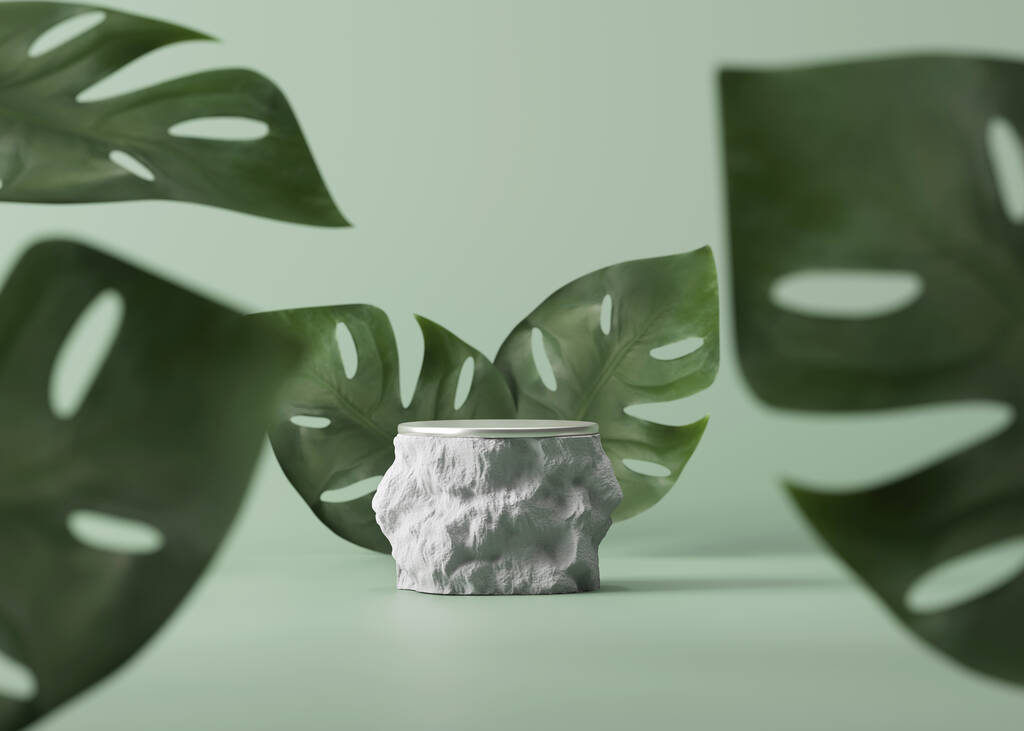 3D灰色石质基座，显示海象棕榈叶。白色岩石讲台上的化妆品在淡绿色丛林异国情调的背景.自然美抽象的热带叶子.3D渲染说明模型 