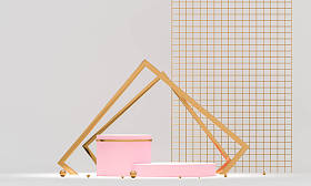 3D渲染白色裙台几何与黄金元素抽象几何形状的空白裙台产品展示现场