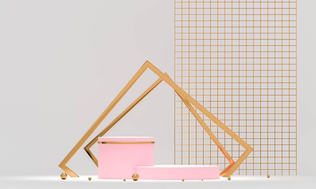 3D渲染白色裙台几何与黄金元素抽象几何形状的空白裙台产品展示现场 3D渲染白色裙台几何与黄金元素抽象几何形状的空白裙台产品展示现场