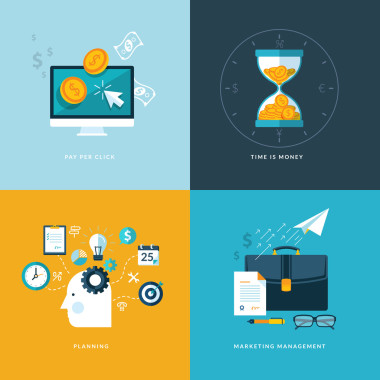 平面設(shè)計概念圖標(biāo)，用于 web 和移動電話服務(wù)和應(yīng)用程序的集合。圖標(biāo)為支付每次點擊，規(guī)劃、 營銷管理、 時間就是金錢