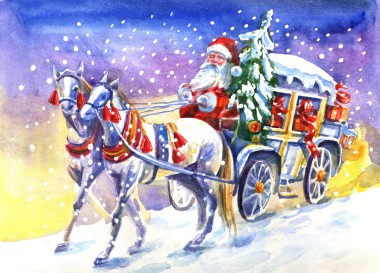 圣誕老人在一輛馬車的馬圖片