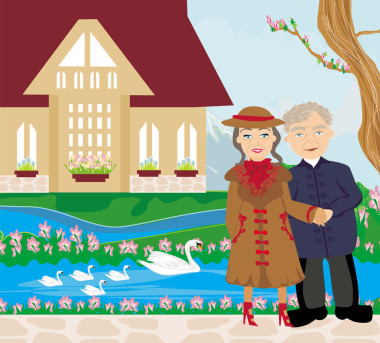 在花园里散步的退休夫妇