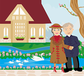 在花园里散步的退休夫妇