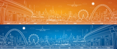 矢量工業(yè)全景，矢量線(xiàn)技術(shù)景觀，夜晚的城