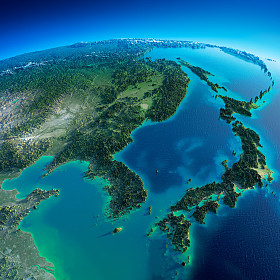 详细的地球。韩国和日本照片