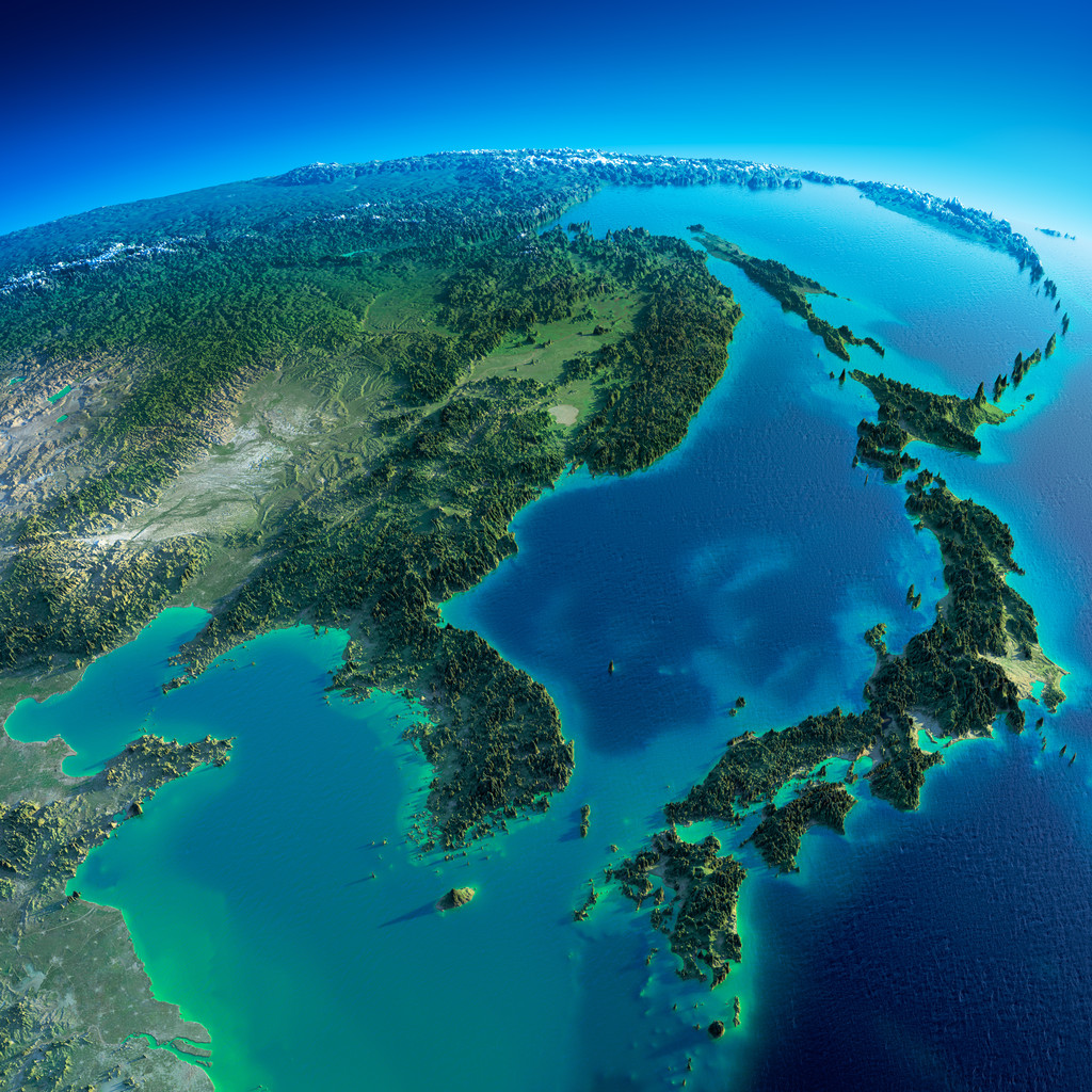 详细的地球。韩国和日本照片