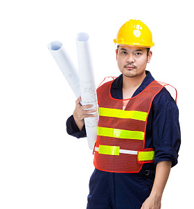 亚洲建筑工人与蓝色打印图片