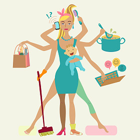 Super mother with newborn baby - cleaning, shopping, chatting