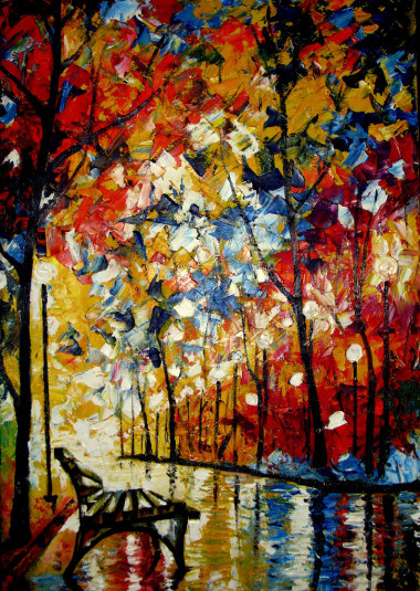 這幅畫用油畫顏料在公園的長凳