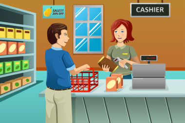 收銀員在雜貨店里工作照片