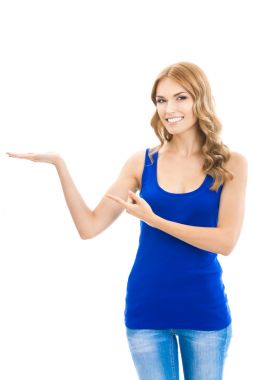 美丽的年轻女子在白纸上显示 美丽的年轻女子在白纸上显示
