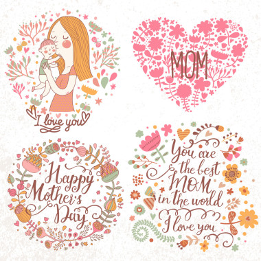 卡用母亲和孩子，花花环的心