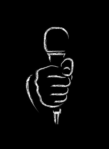 粉笔画画的一只手拿麦克风在黑色的背景上