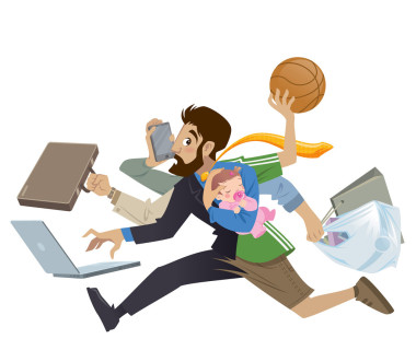 卡通超級大忙人和父親一心多用做很多工作 