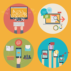 Vector set of graphic design concept ICONS for blogging, website design, SEO, and social media. Business philosophy - online shopping, education, learning, advertising, development, newsletters, analytics, mobile