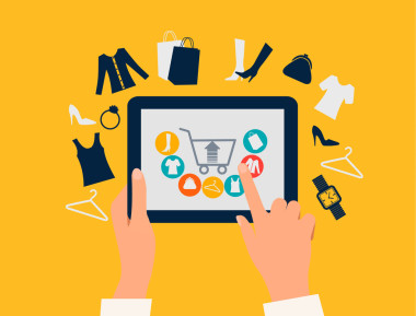 電子購物的概念。手觸碰平板電腦，具有購物圖標(biāo)