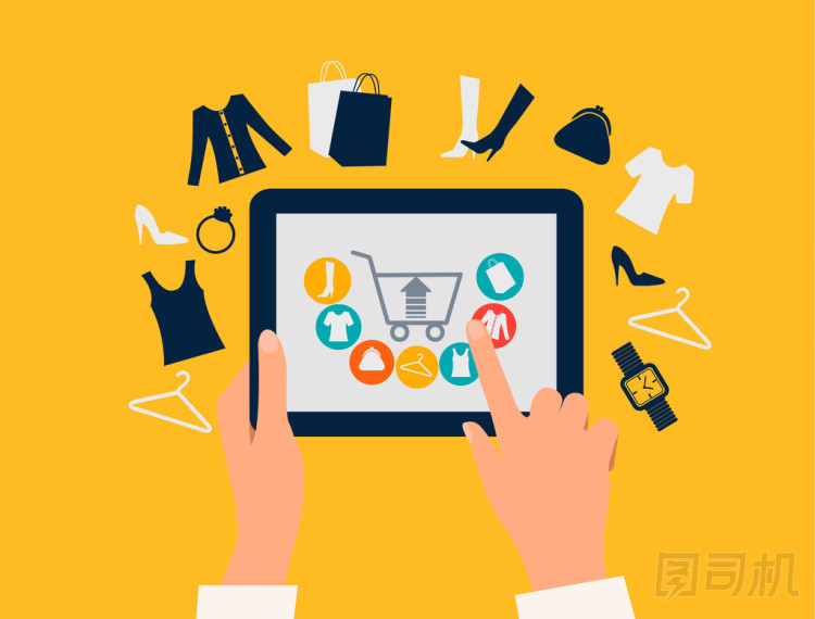 電子購物的概念。手觸碰平板電腦，具有購物圖標(biāo)
