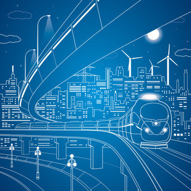 這座橋，晚上城市背景矢量線列車