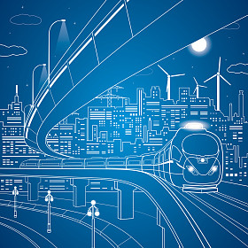 这座桥，晚上城市背景矢量线列车