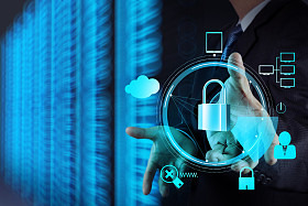 触摸屏电脑作为商人的手显示 3d 挂